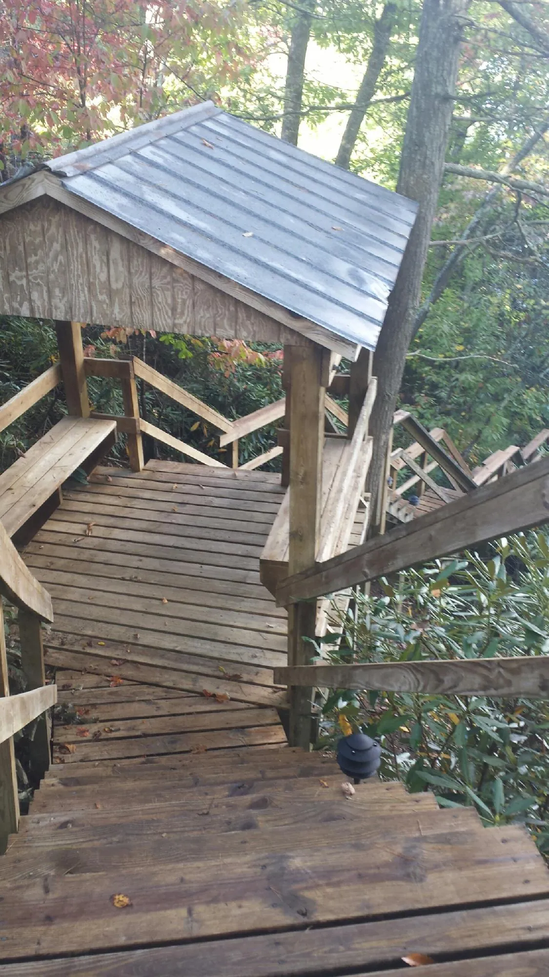 Metal roofed shelter over wooden steps on a wooded walkway — Skylight Repair & Installation work by our crew in Bay Minette